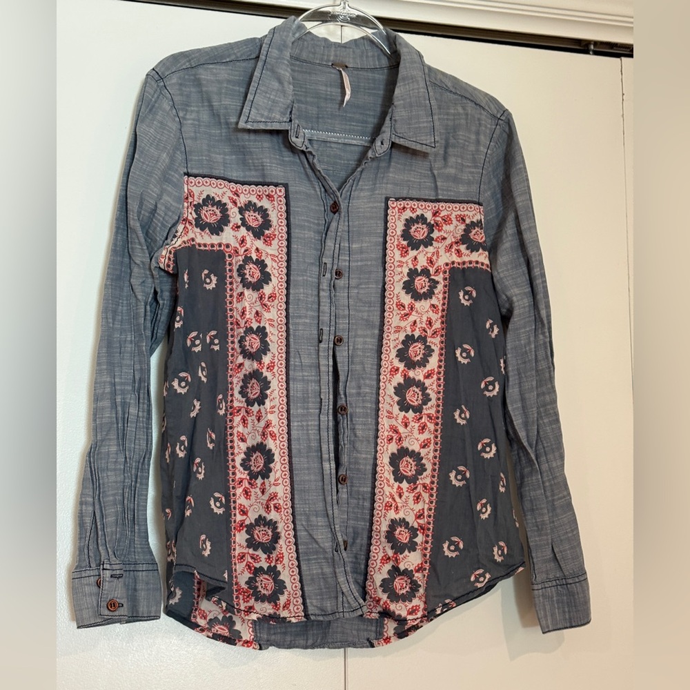 Free People Blue and Red Button Down Shirt with Embroidery — 4th of July USA